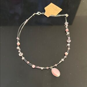 Pink Crystal Beaded Pendant Necklace with Layered Wire